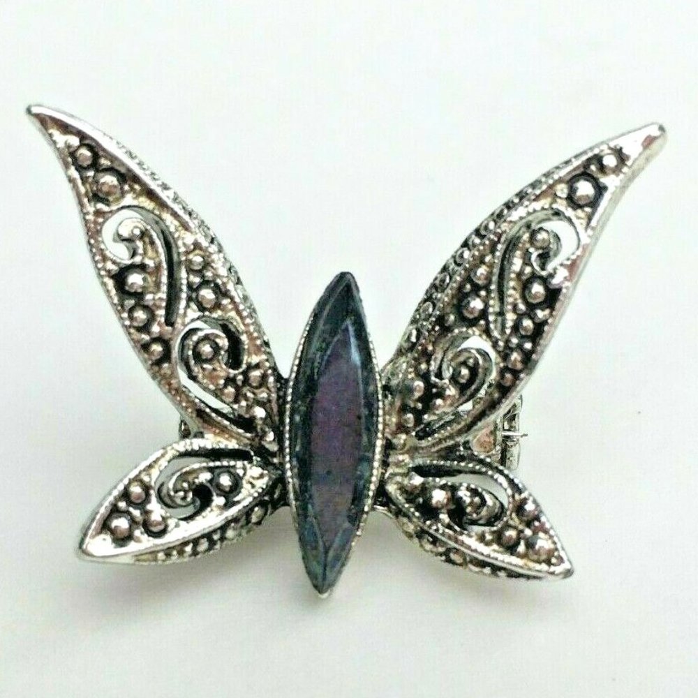 Vintage Silver Tone Filagree Butterfly Brooch with Black Glass Body